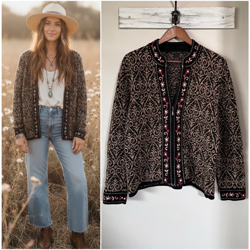 NOMADIC TRADERS L VTG Embroidered Sweater Jacket Folk Boho Knit Cardigan Y2K